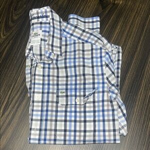 Lacoste Blue, Black, Grey and White Casual Button Down Slim Fit Shirt, size 38.